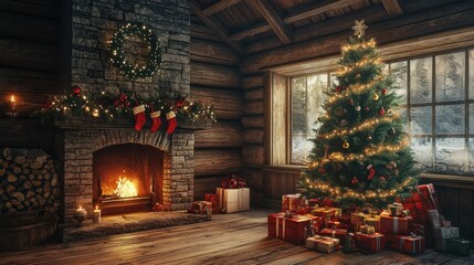 Christmas morning scene with a decorated tree and a roaring fireplace, wrapped gifts scattered beneath, creating a cozy holiday atmosphere in a rustic wooden cabin.