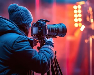 Professional photography session with a photographer adjusting a camera and lighting, studio setting, sharp focus, bright lighting