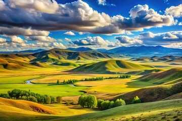 Scenic Landscape of Arkhangai Province in Mongolia with Rolling Hills and Stunning Blue Sky