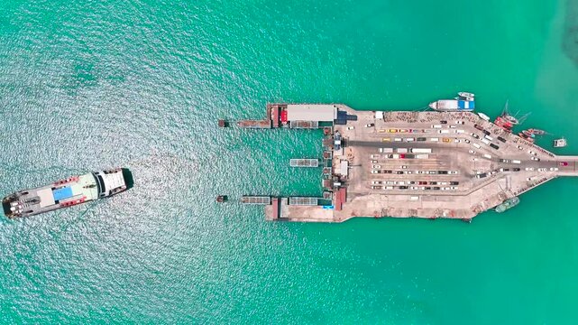 Aerial view of ferry boat on the sea. Ferry boat docked. 
