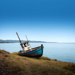 Fototapeta premium Old rusty fishing boat on the slope along the shore of the lake