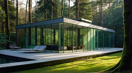 Fototapeta premium Modern Glass House Surrounded by Lush Forest with Serene Atmosphere 