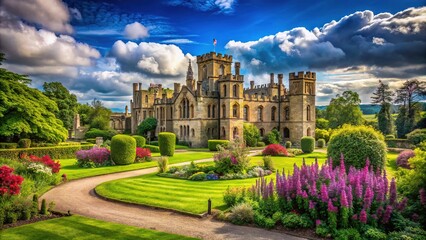 Obraz premium Scenic View of Crawford Priory in Cupar, Fife Surrounded by Lush Greenery and Historic Architecture