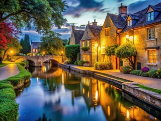 Naklejka premium Scenic View of Bourton on the Water in Gloucestershire, UK with Charming Cotswold Stone Architecture