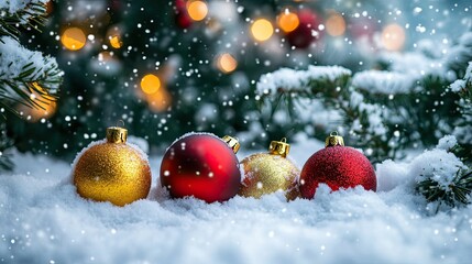 Close-up of baubles on snow, with a snow-covered Christmas tree behind. The festive ornaments gleam brightly against the wintry backdrop of snowflakes.