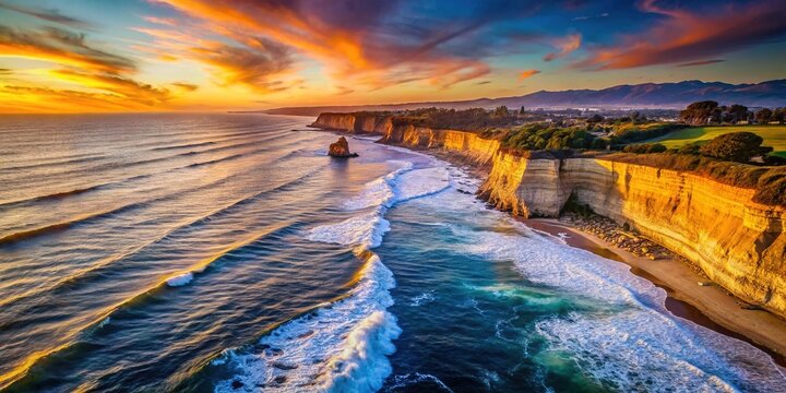 Scenic view of Aptos California coastline with ocean waves crashing against rocky cliffs at sunset