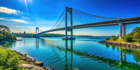 Scenic View of Frogs Neck Bridge in New York with Clear Blue Sky and Calm Waters Below