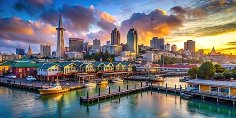 Fototapeta premium Scenic View of San Francisco Pier 34 with Vibrant Colors and Iconic City Skyline in the Background