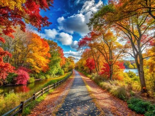 Naklejka premium Scenic View of Setauket-Port Jefferson Station Greenway Trail in Autumn with Colorful Foliage
