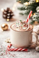 A cozy mug of hot chocolate topped with whipped cream, festive sprinkles, and a candy cane. Perfect for holiday gatherings or winter celebrations.