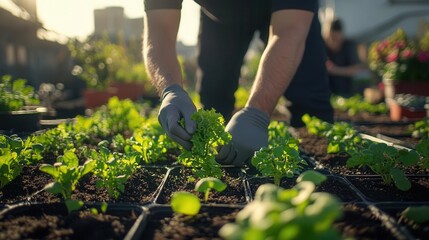 Urban gardening with people planting vegetables on rooftops, vibrant atmosphere, sharp focus, bright lighting, high detail