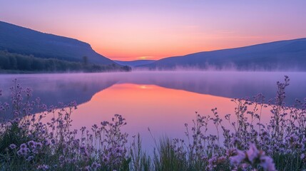 Fototapeta premium Serene Sunset Lake Scene with Mountain Silhouette.