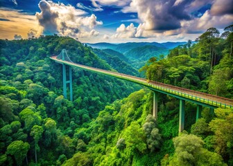 Scenic View of Temburong Bridge Spanning Lush Green Jungle in Borneo, Brunei, Southeast Asia