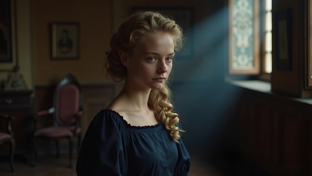 beautiful British girl from the 1890s with blonde hair half up and half down wearing a dark blue Victorian-era traveling dress castle room at night.