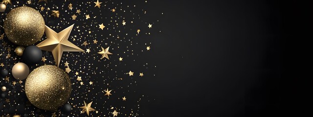 Black background with golden stars and metallic balls on the side of the frame, creating an elegant atmosphere for product display or promotion