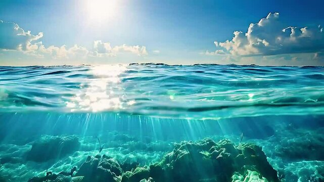 the ocean  and  the sky , with  the sun  shining through the water and  a coral reef  below the surface