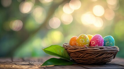 Colorful Easter eggs in a basket, resting on a wooden table with a green leaf and bokeh light background. Ample room for text or Easter greetings.