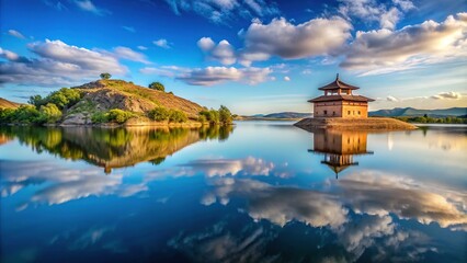 Fototapeta premium Serene Lake at Phantom Hill with Fortified Structure Reflecting in Calm Waters Under Blue Sky