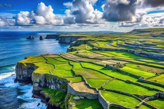 Serene Landscape of Inis Mor Island with Rugged Cliffs and Lush Green Fields Under Clear Sky