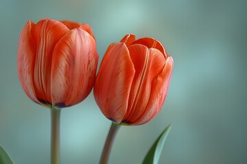 Close-Up of Two Orange Tulips in Bloom on Soft Green Background for Floral Designs