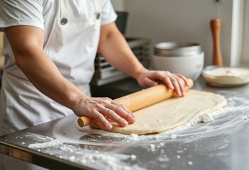Baker rolling out dough for pastries