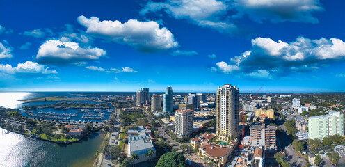 Panoramic aerial view of St Petersburg skyline at sunset, Florida