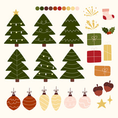 A minimalist collection of Christmas and New Year-themed icons with Christmas trees, ornaments, presents, and festive symbols, evoking a cozy holiday celebration_5000px