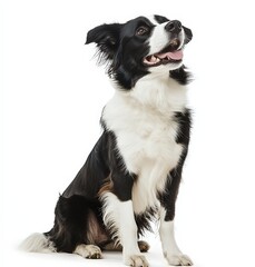 Fototapeta premium Black and white Border Collie sitting and looking up with a happy expression on a white background.