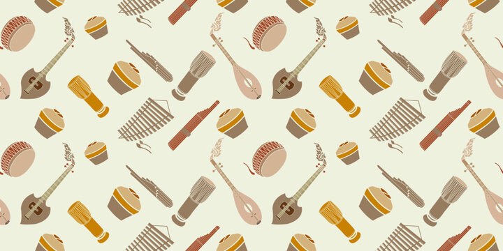 Seamless  attern fabric Thai style and decorated Ponglang musical instruments such as the khaen, pong lang and Northeastern lute are placed on a light yellow background.Thainame.