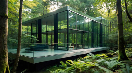 Fototapeta premium Modern Glass House in Lush Forest with Tranquil Atmosphere