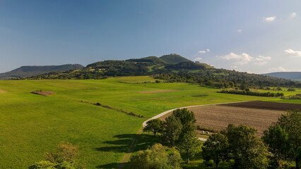 A flight above Dettingen Teck towards the Castle Teck which is located high above the mountain 
