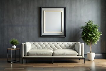 A contemporary interior with a sleek white leather sofa and an empty black frame on a smooth gray wall.