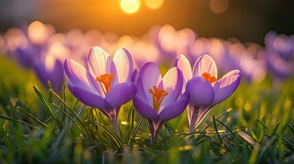 Crocus blossoms soaking in the late afternoon sun, with their petals gently illuminated. The surrounding grass reflects the warmth of the sunlight, creating a peaceful spring atmosphere.