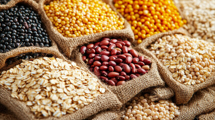 Fototapeta premium A variety of cereal grains and seeds, including Job's tears, corn, soybeans, oat flakes, barley flakes, pearl barley, and red beans, displayed on sackcloth as agricultural products.