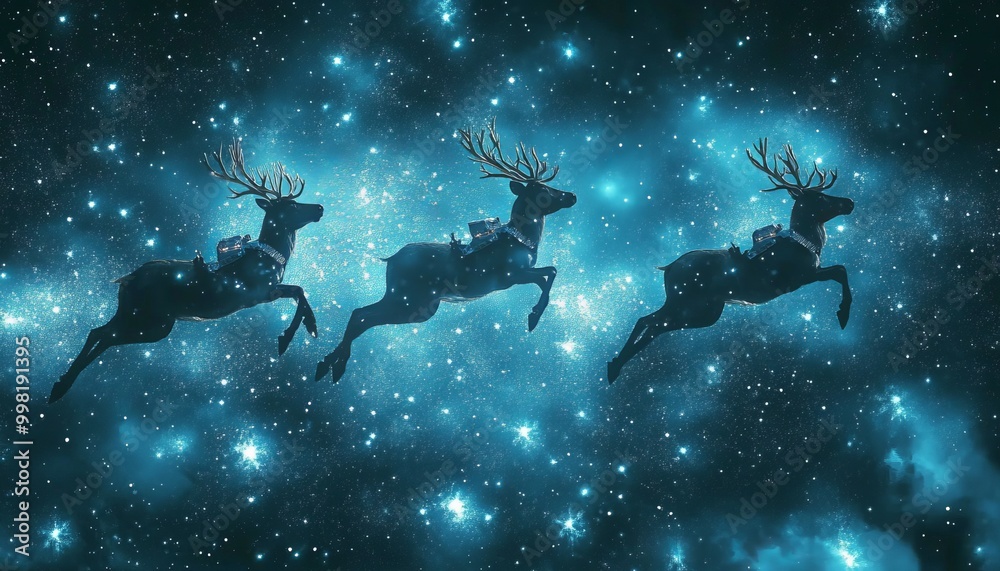 Poster Three reindeer soaring through a starry cosmic background.