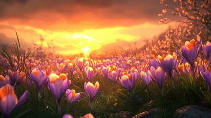 Crocuses and grass illuminated by the setting sun, with the sky beginning to turn orange and pink. The sunlight enhances the vibrant colors of the flowers, making them glow.