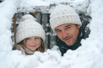  Father and daughter playing in the snow. Cozy winter day
A father and his daughter smiling and playing in the snow, enjoying a cozy winter day together