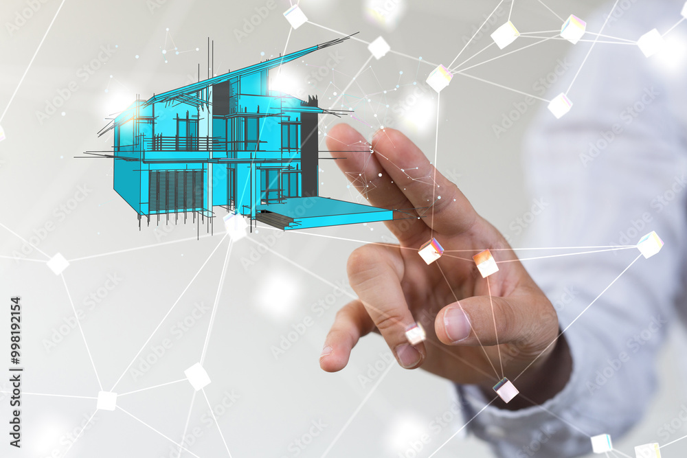 Poster home iot - Neural network 3D illustration. Big data and cybersecurity