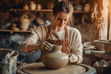 woman potter turning a ceramic vase on a potters wheel in a studio filled with natural light