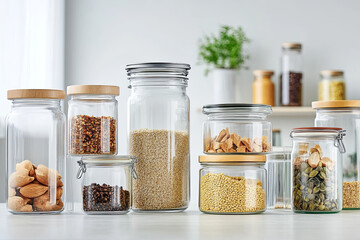 Set of glass jars with airtight lids on a white surface