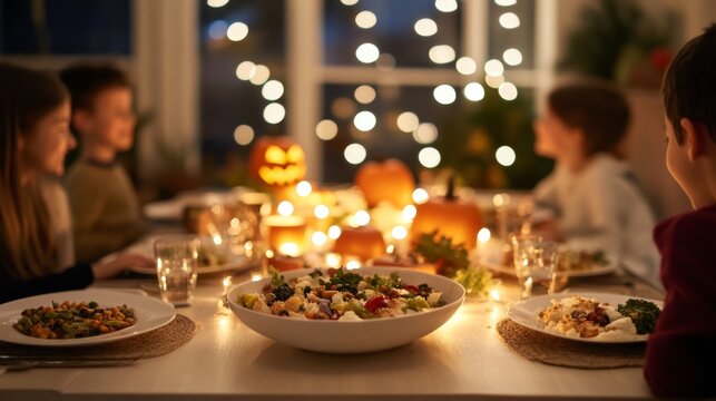 Family enjoying a Halloween feast at a spooky-decorated dinner table kids in costumes laughing