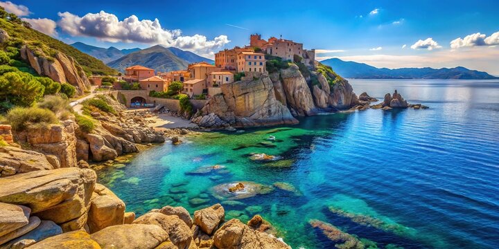Stunning coastal view of Cargese in Corsica featuring rocky cliffs and azure Mediterranean waters