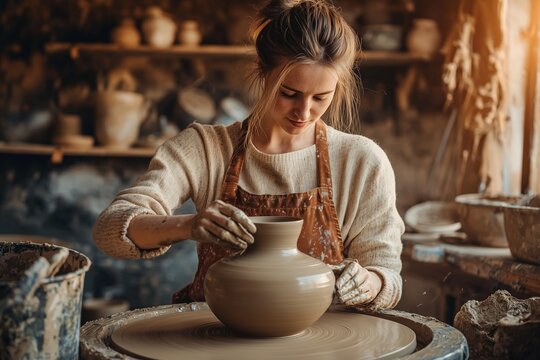 woman potter turning a ceramic vase on a potters wheel in a studio filled with natural light - Powered by Adobe