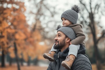 Fototapeta premium Father and child sledding in the snow. Winter family fun A father and his child enjoying a snowy day sledding down a hill, laughing and bundled up in warm winter clothes