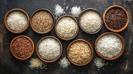 A collection of various dry rice types in bowls, set against a dark rustic background. Top view, flat lay.

