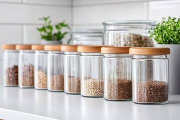 Set of glass jars with airtight lids on a white surface