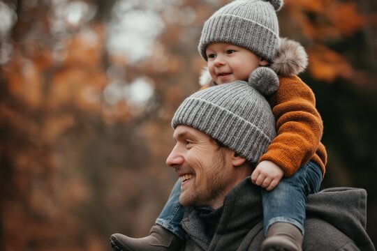  Father with child on shoulders in autumn park. Cozy fall day
A father carrying his child on his shoulders while walking through a colorful autumn park, enjoying the fall season