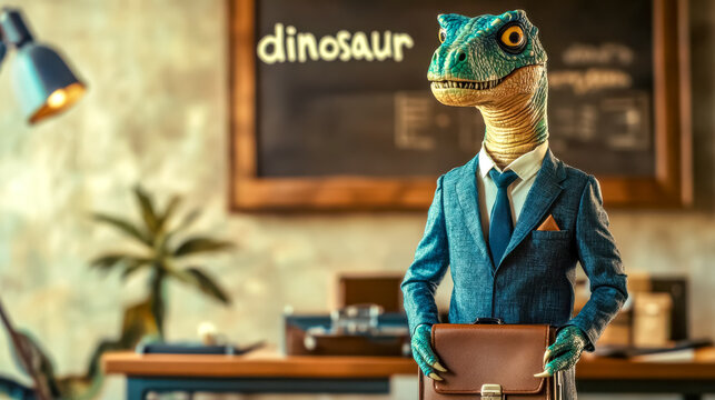 Dinosaur wearing suit standing in office holding briefcase