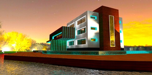 Three-story condominium in the suburbs of Rotterdam. The dock is covered with pine boards. Facade lighting at night. 3D rendering.