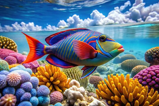 Stunning tamboril fish swimming gracefully in clear ocean waters with vibrant coral reef backdrop